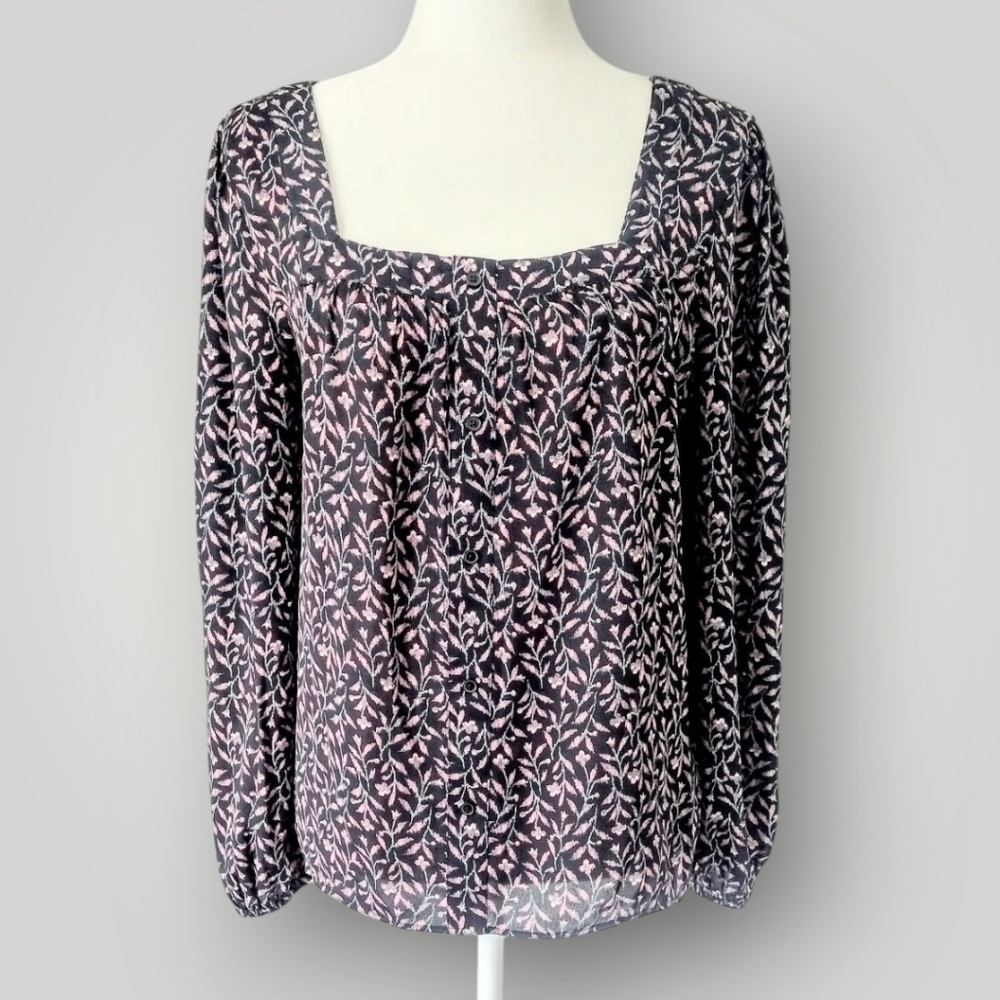 LOFT Floral Print Women's Top - Black and Pink Size Small